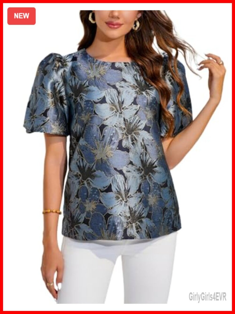 Floral Jacquard Puff Sleeve Blouse Crewneck Button Down Work Top